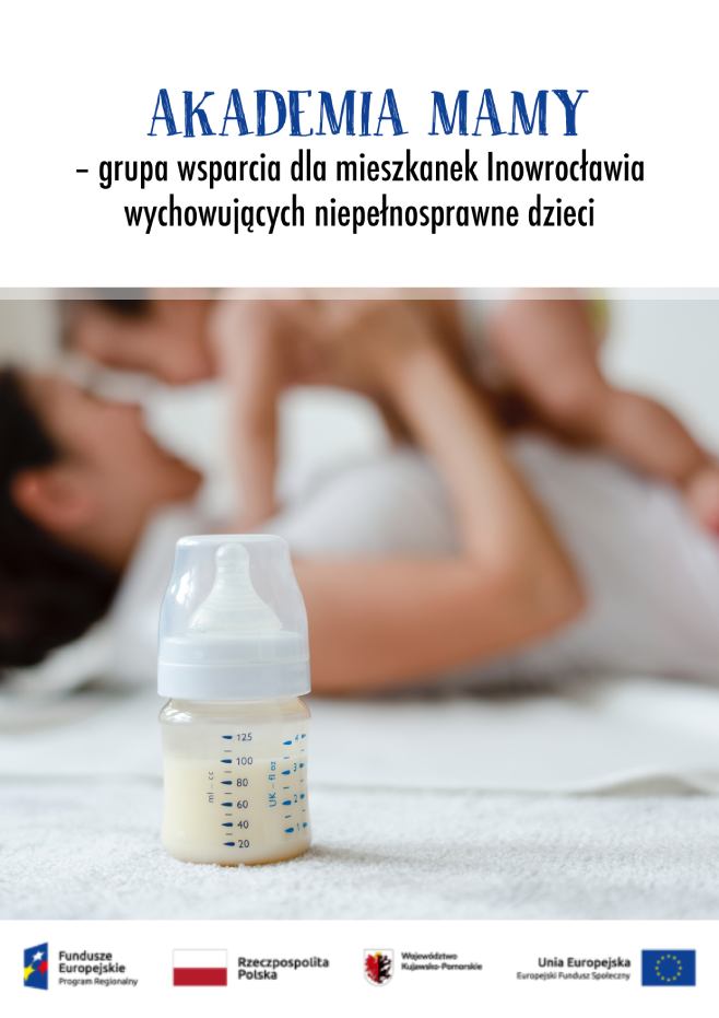 Butelka z mlekiem na pierwszym planie, w tle leżąca kobieta z dzieckiem, tekst o grupie wsparcia.