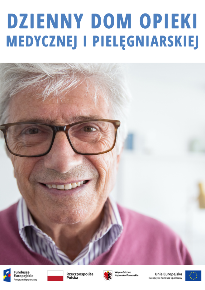 Uśmiechnięty starszy mężczyzna w okularach; reklama dziennego domu opieki medycznej i pielęgniarskiej.