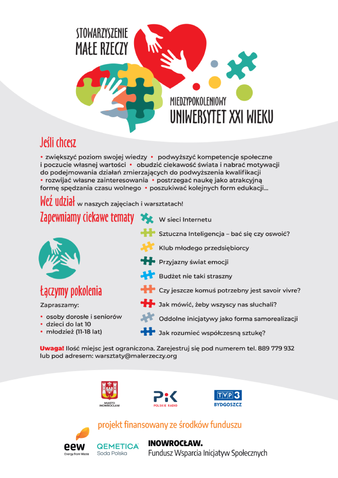 Plakat informacyjny o międzypokoleniowym uniwersytecie XXI wieku, oferta warsztatów edukacyjnych.