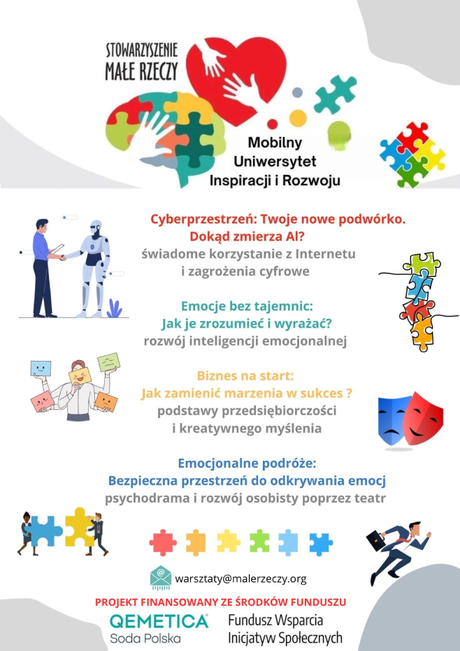 Plakat promujący warsztaty o AI, emocjach, przedsiębiorczości i teatrze, organizowane przez stowarzyszenie.