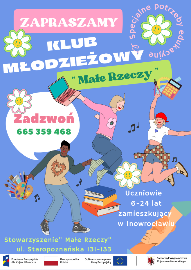 Plakat promujący klub młodzieżowy „Małe Rzeczy” z rysunkami skaczących młodych osób.