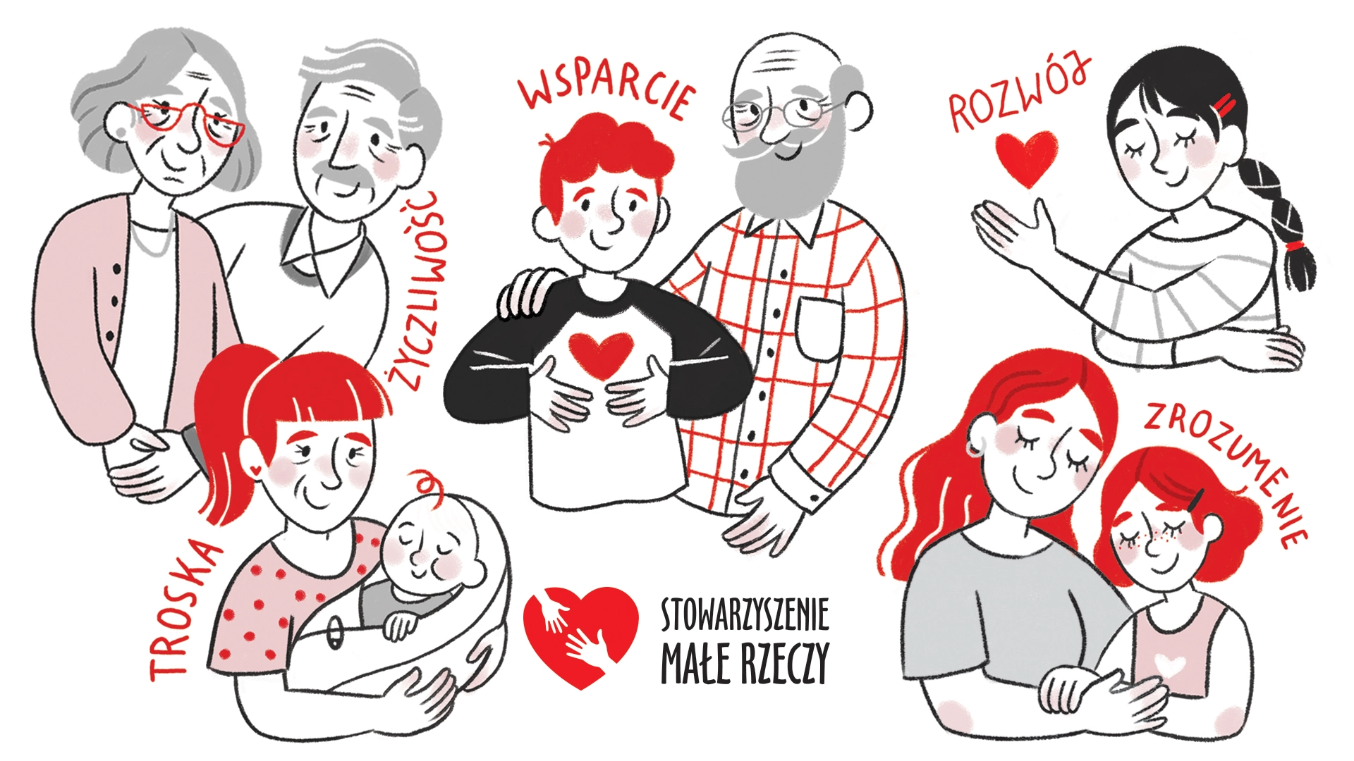 Ilustracja przedstawiająca różne pokolenia rodziny, pokazujące wsparcie, troskę i zrozumienie.