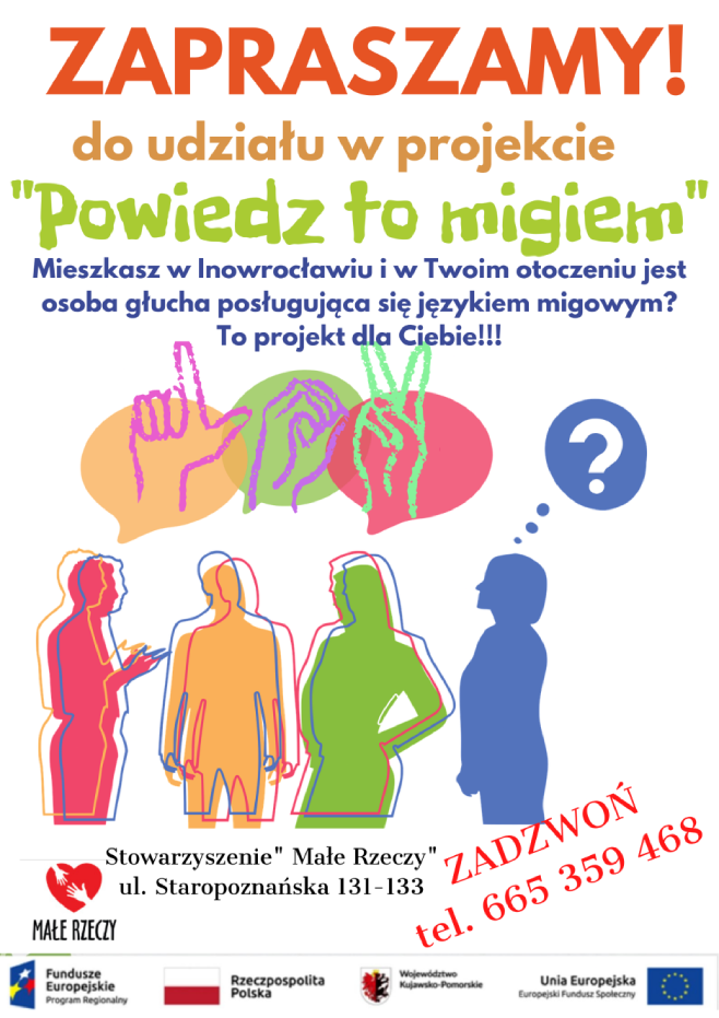 Plakat zapraszający do projektu o języku migowym z kolorowymi ilustracjami ludzi i dłoni.
