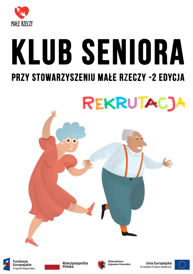 Dwójka seniorów tańczy radośnie, plakat promujący rekrutację do Klubu Seniora.