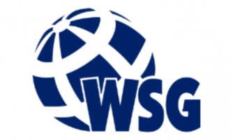 Logo WSG z niebieską kulą ziemską i białym napisem „WSG” na białym tle.